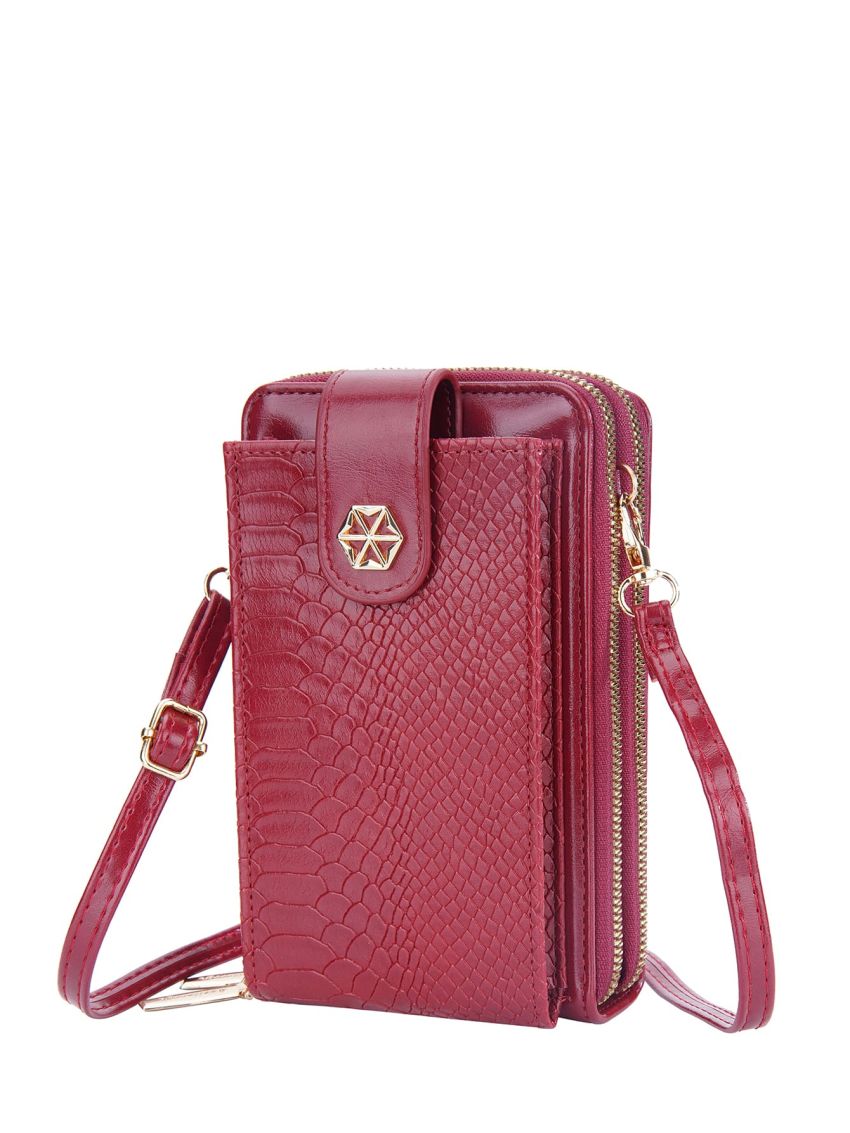 Crocodile Embossed Phone Wallet Red Fashionable Pocket Front For Daily