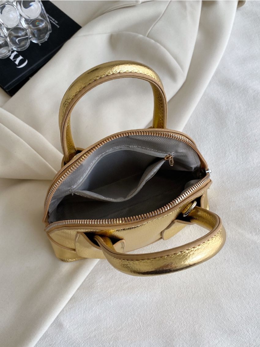 Mini Litchi Embossed Dome Bag Metallic Double Handle