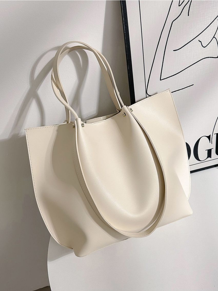 Studded Decor Bucket Bag Beige Minimalist Double Handle For Work