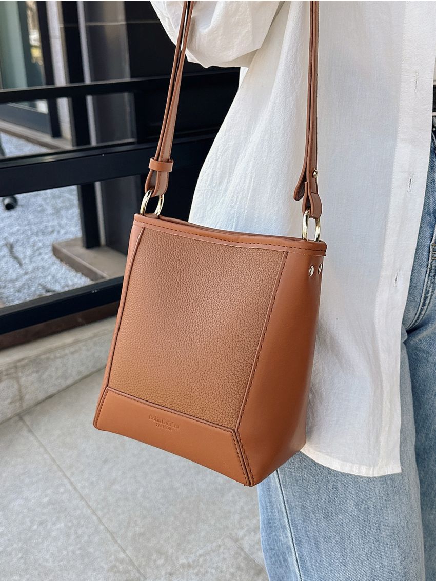 Mini Litchi Embossed Bucket Bag Brown Elegant For Work