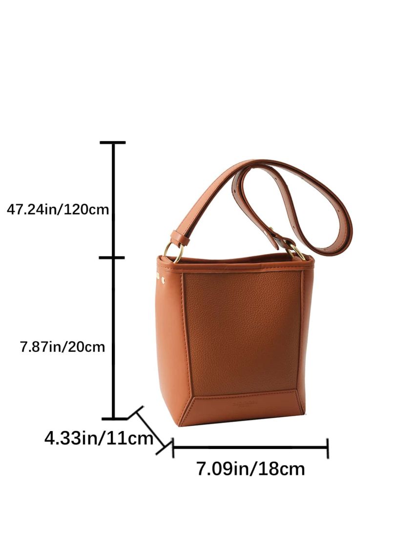 Mini Litchi Embossed Bucket Bag Brown Elegant For Work