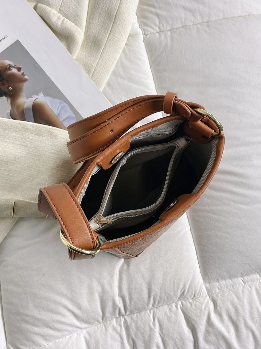 Mini Litchi Embossed Bucket Bag Brown Elegant For Work