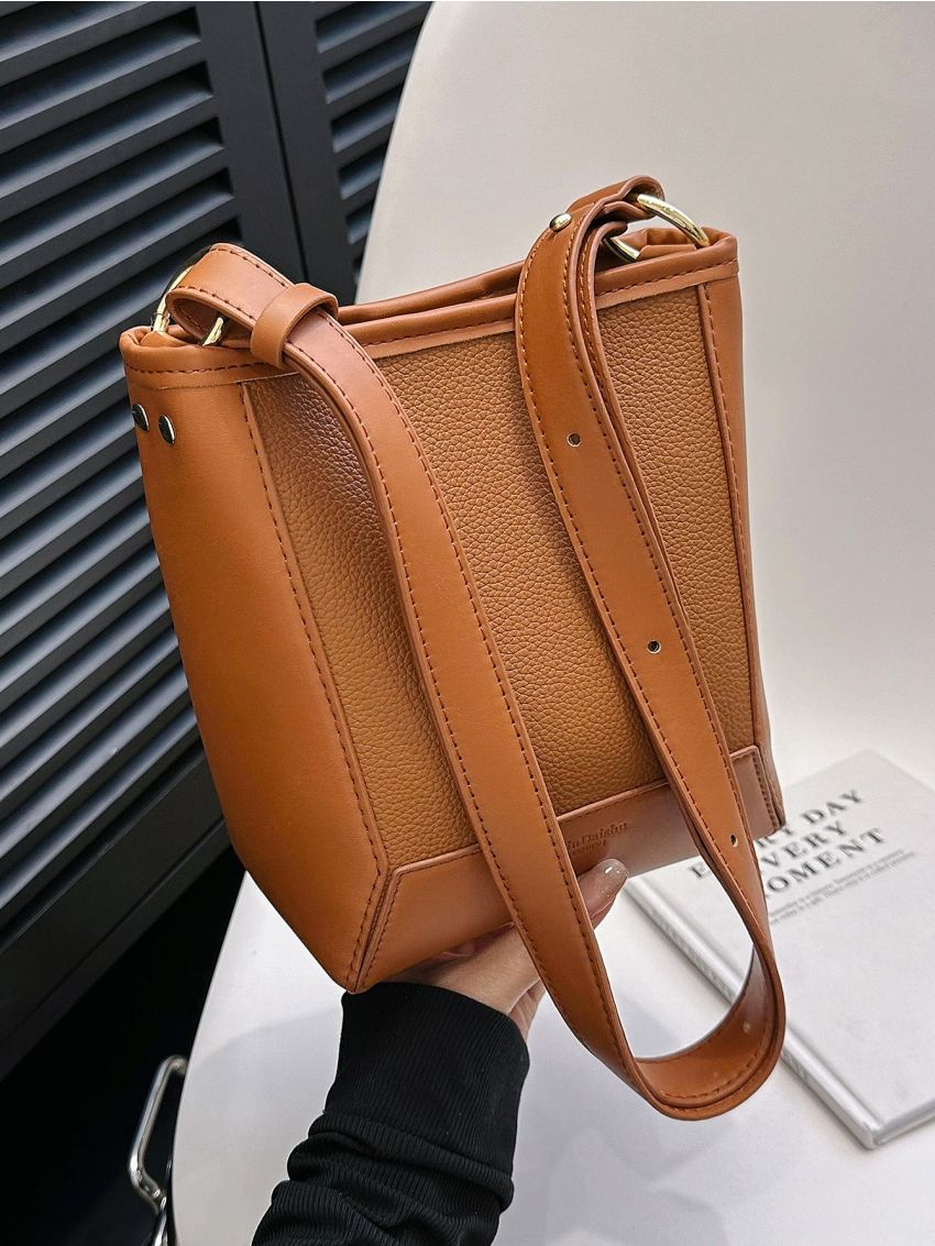 Mini Litchi Embossed Bucket Bag Brown Elegant For Work