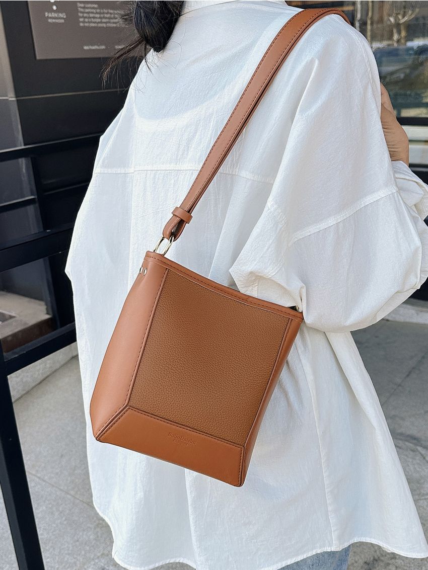 Mini Litchi Embossed Bucket Bag Brown Elegant For Work