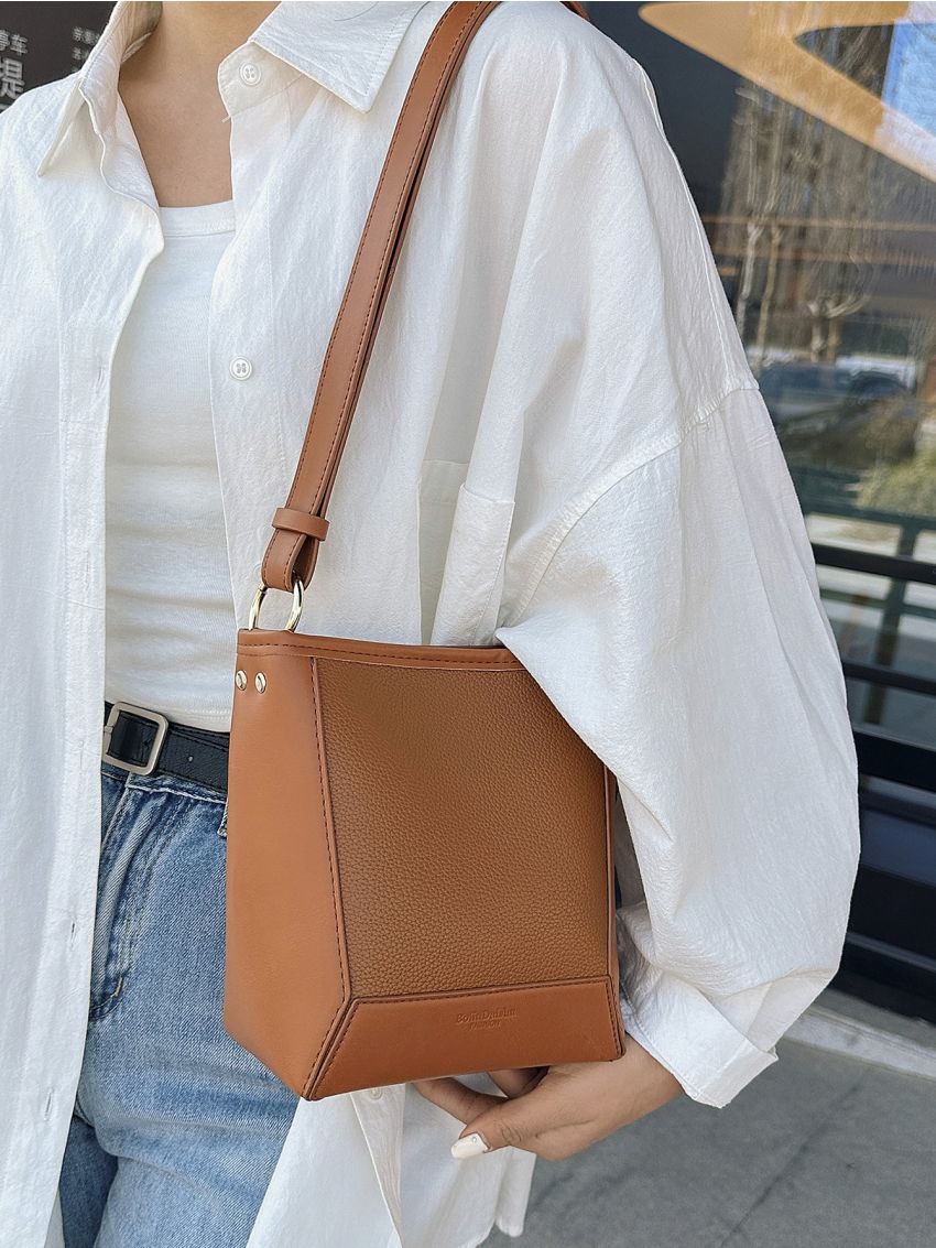 Mini Litchi Embossed Bucket Bag Brown Elegant For Work