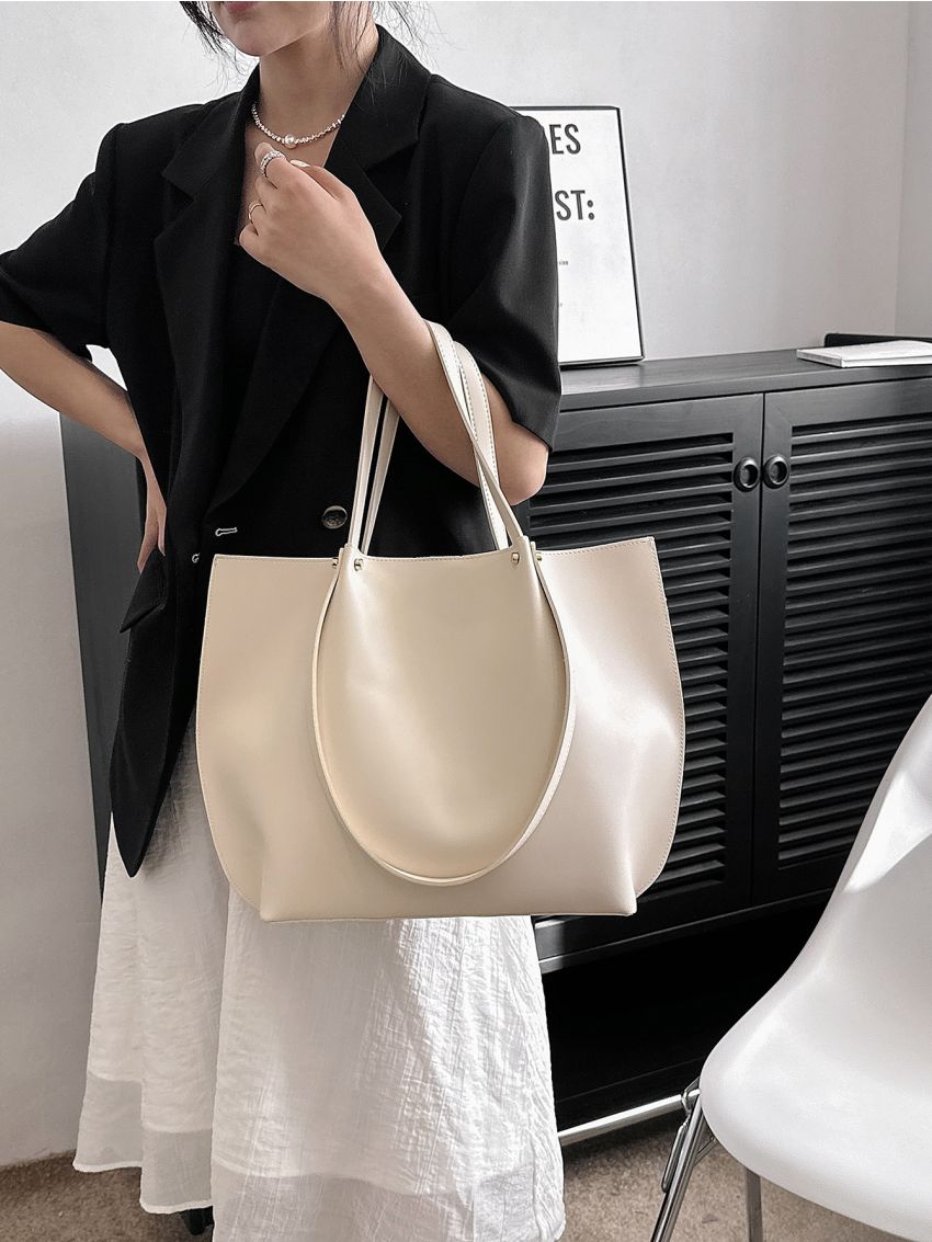 Studded Decor Bucket Bag Beige Minimalist Double Handle For Work
