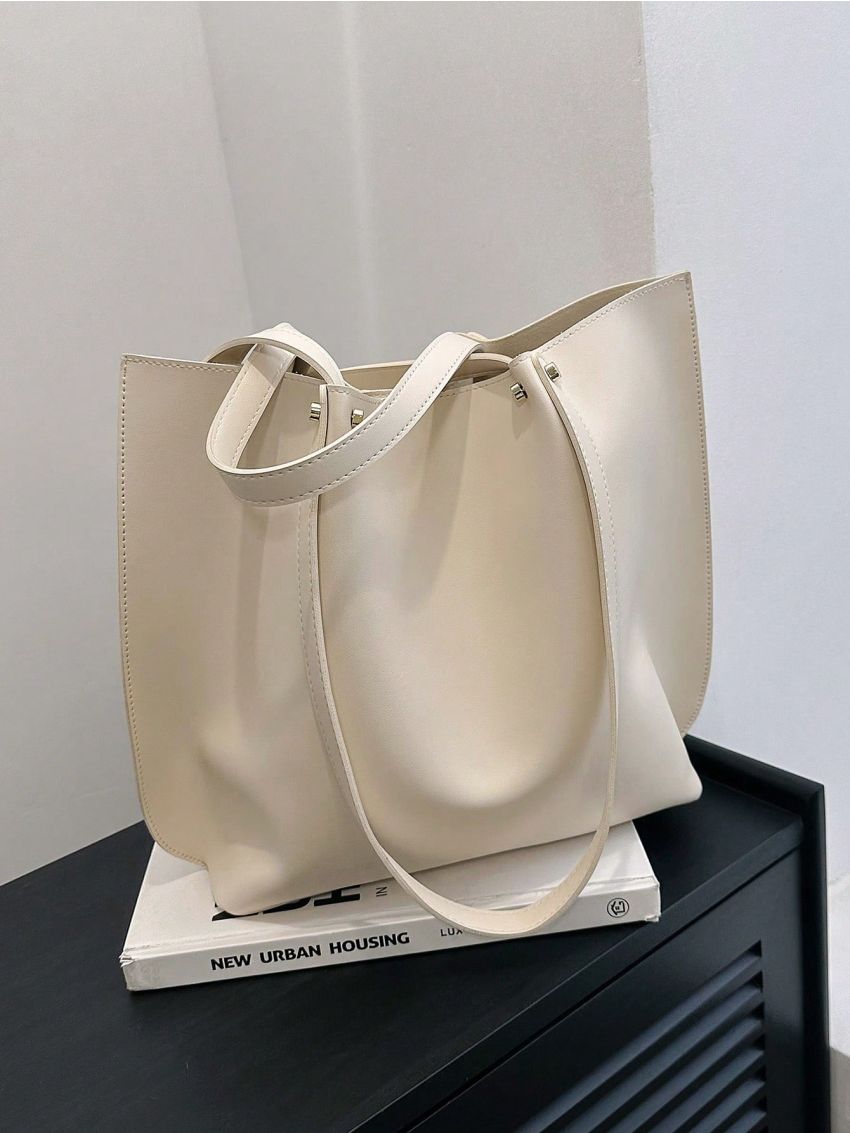 Studded Decor Bucket Bag Beige Minimalist Double Handle For Work