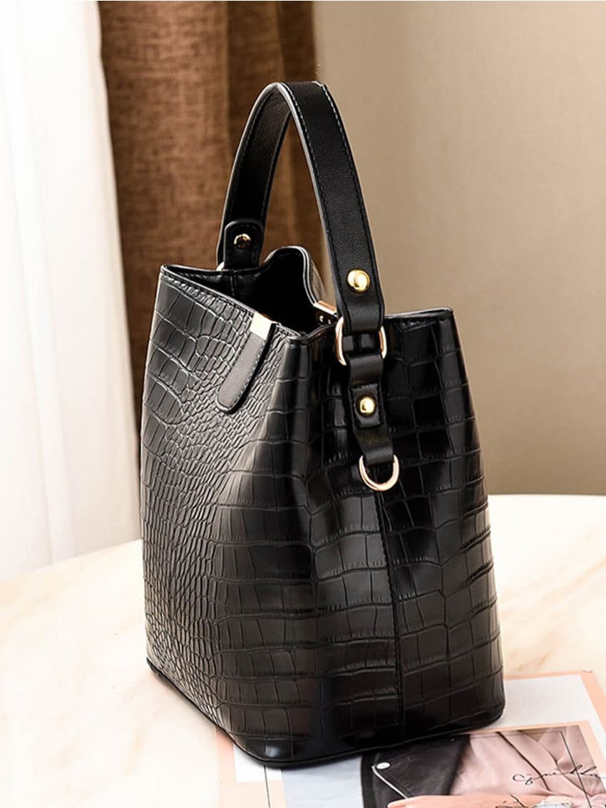 Crocodile Embossed Bucket Bag, Artificial Leather Shoulder Bag Women's Trendy Crossbody Bag