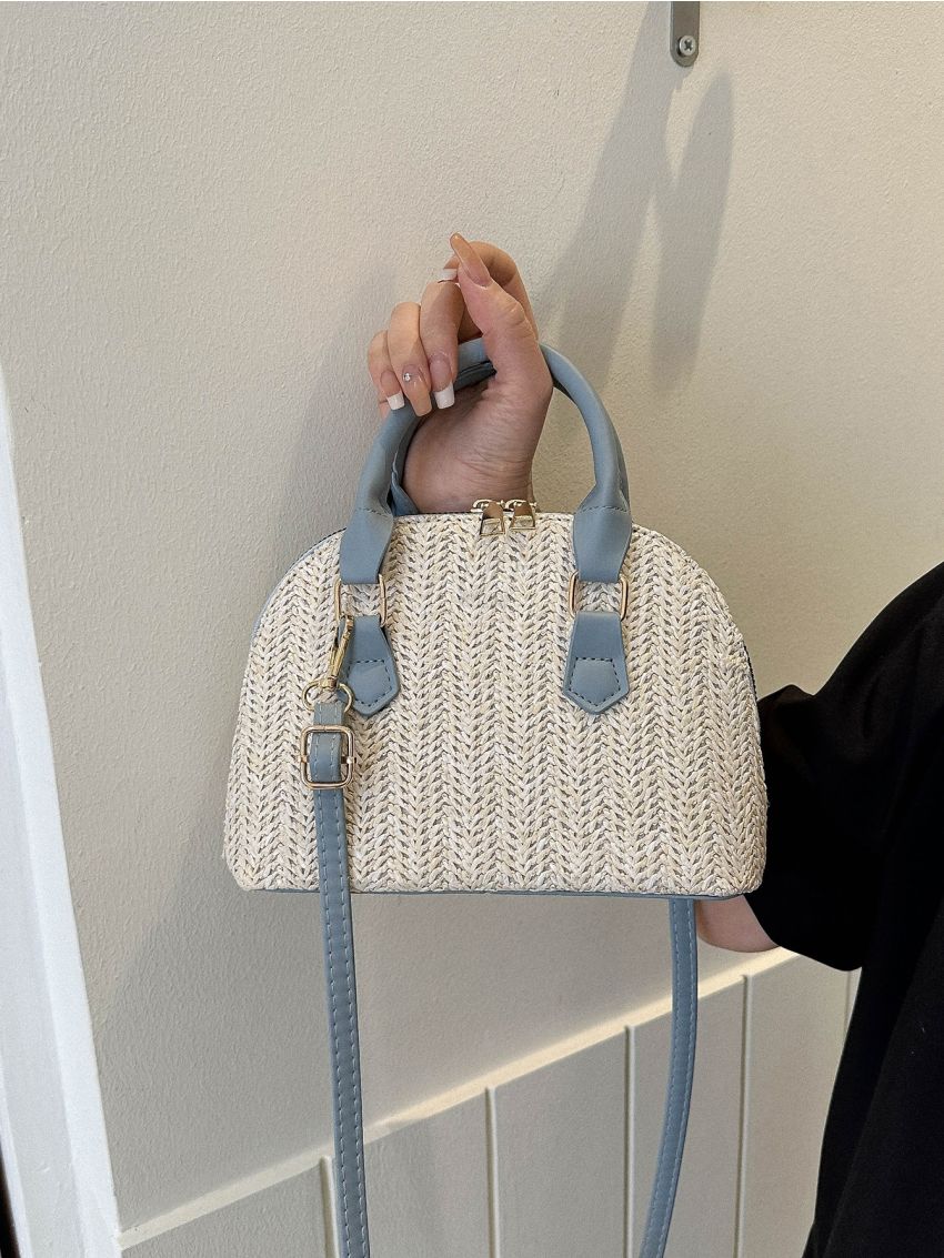 Small Straw Bag Colorblock Double Handle For Vacation