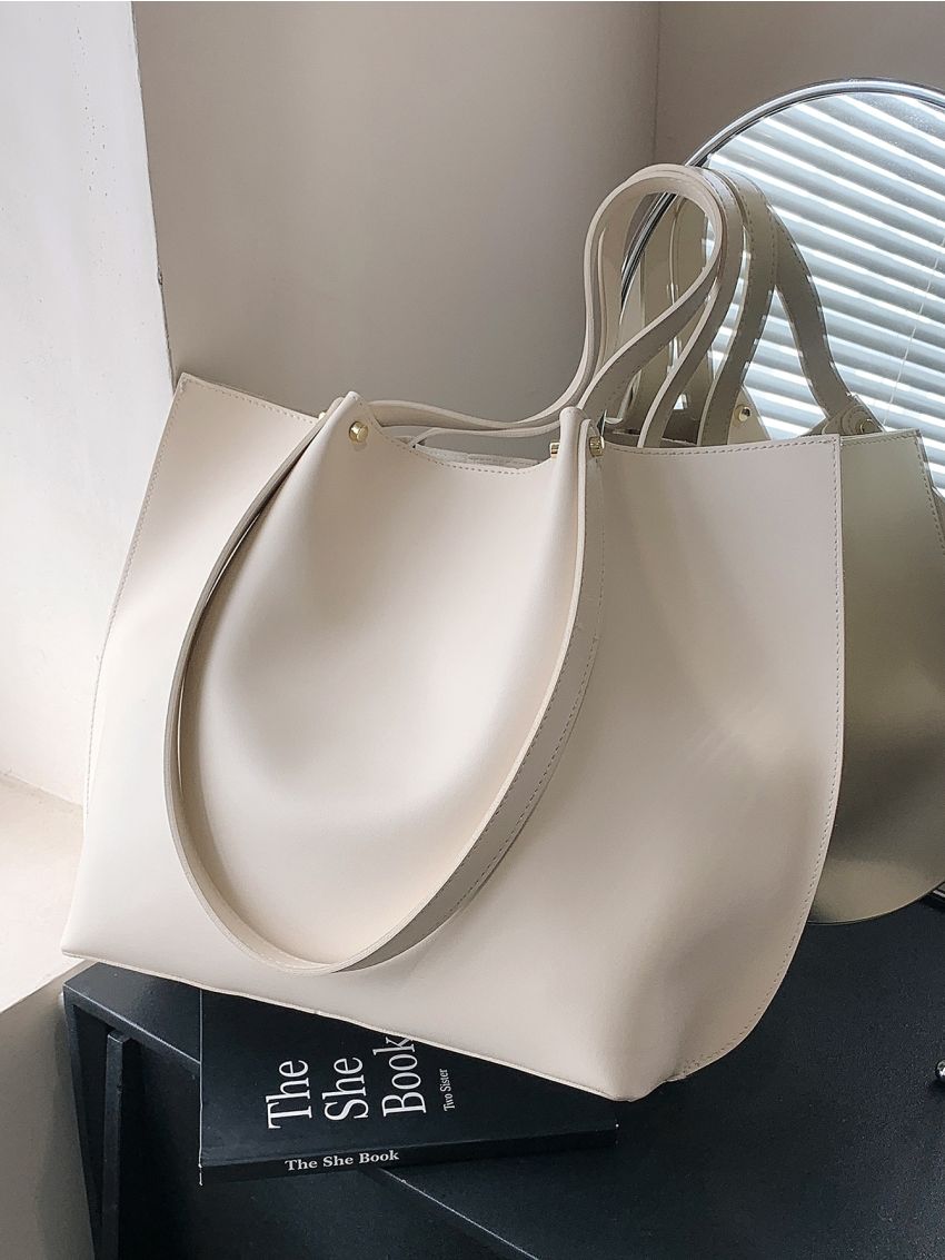 Studded Decor Bucket Bag Beige Minimalist Double Handle For Work