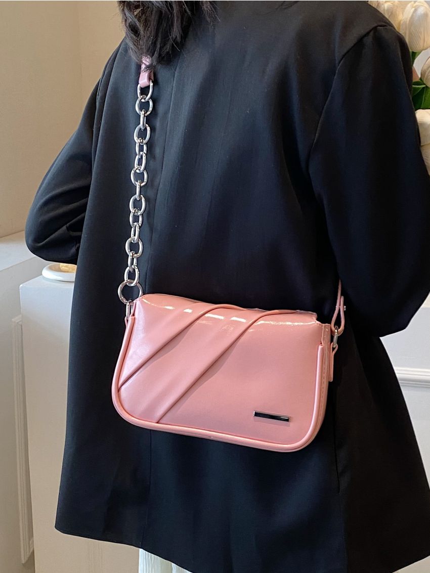 Mini Square Bag Fashionable Pink Metal Decor Chain PU
