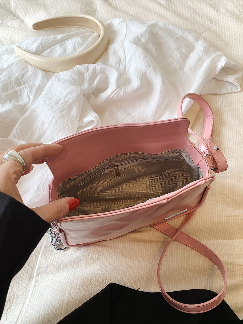 Mini Square Bag Fashionable Pink Metal Decor Chain PU