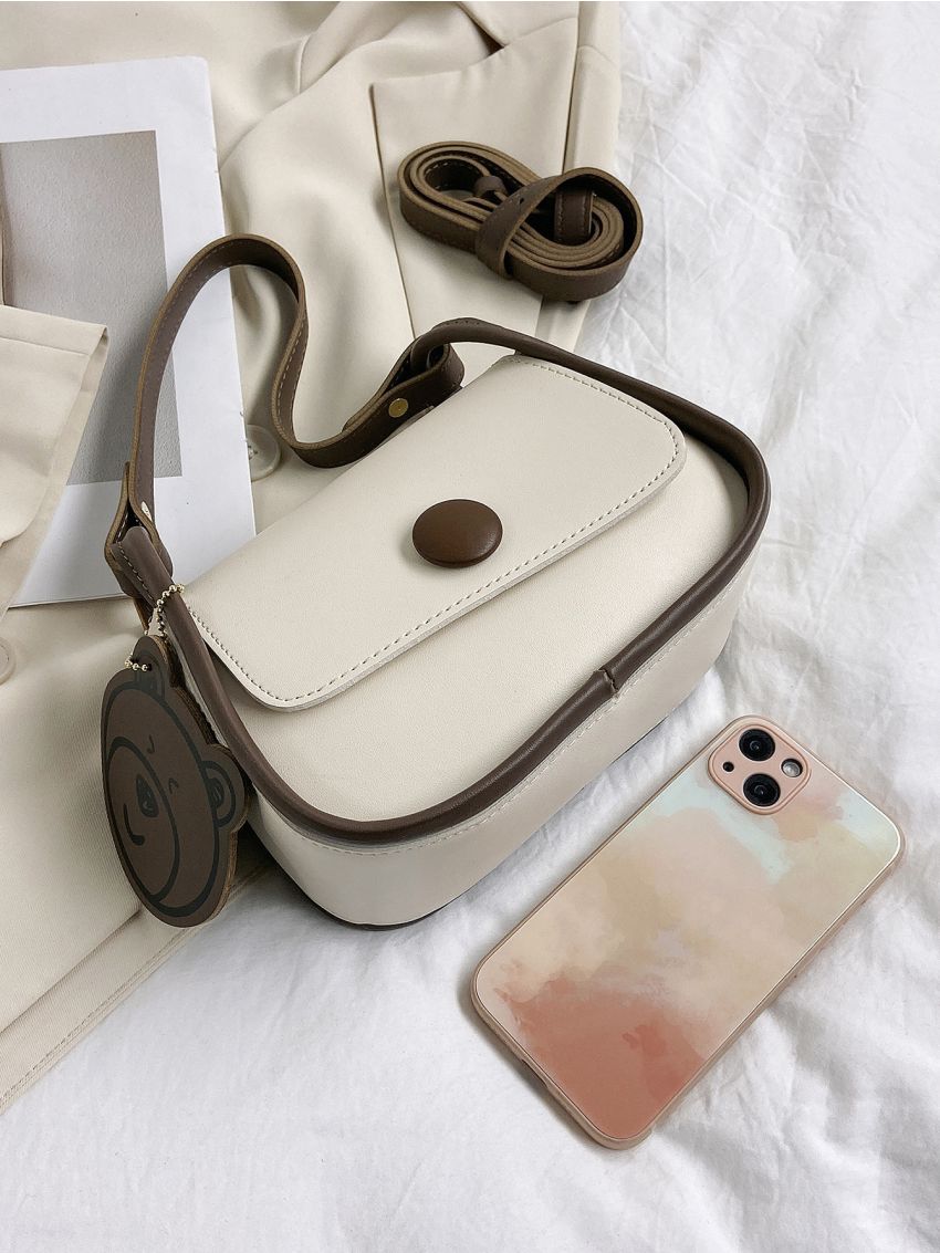 Mini Saddle Bag With Cartoon Charm Fashionable Button Detail Flap PU