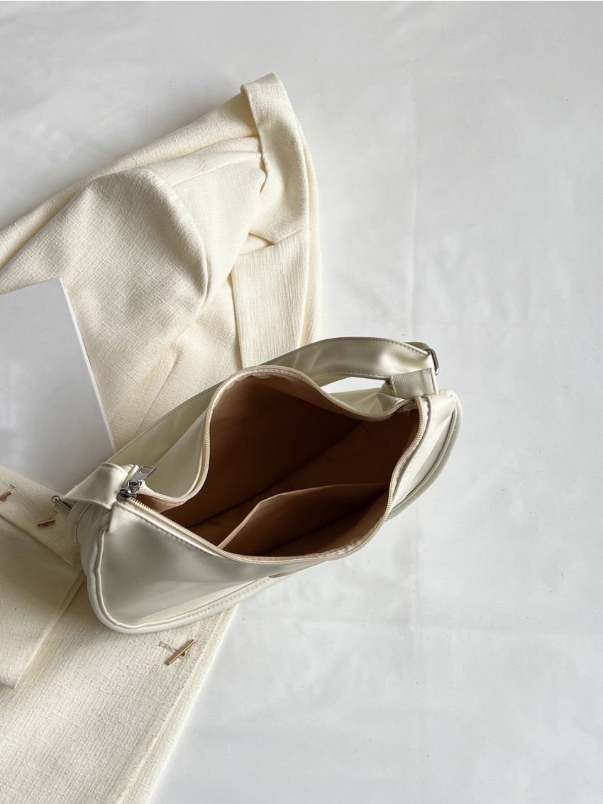 Beige Hobo Bag Fashionable Letter Patch Decor Adjustable Strap PU