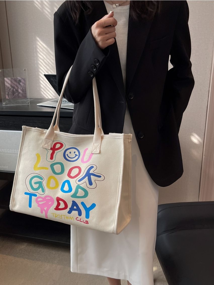 Letter Pattern Shoulder Tote Bag Large Capacity Double Handle For Daily