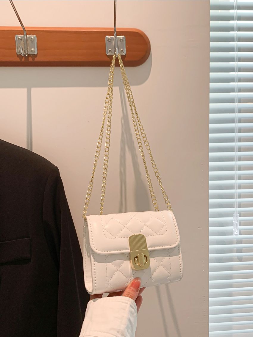 Mini Square Bag White Quilted Flap Chain PU