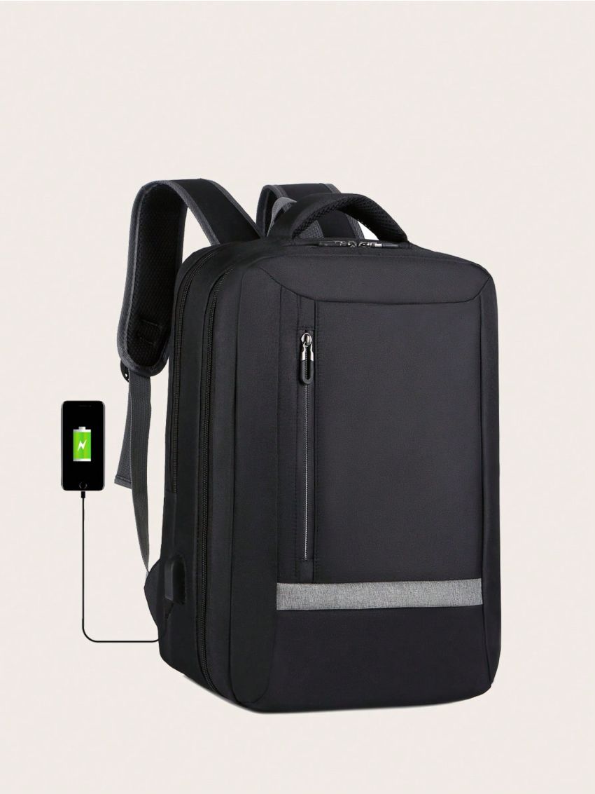 Business Casual Men Receive Nylon Solid Color Large Capacity Backpack With USB Port Camping Bag