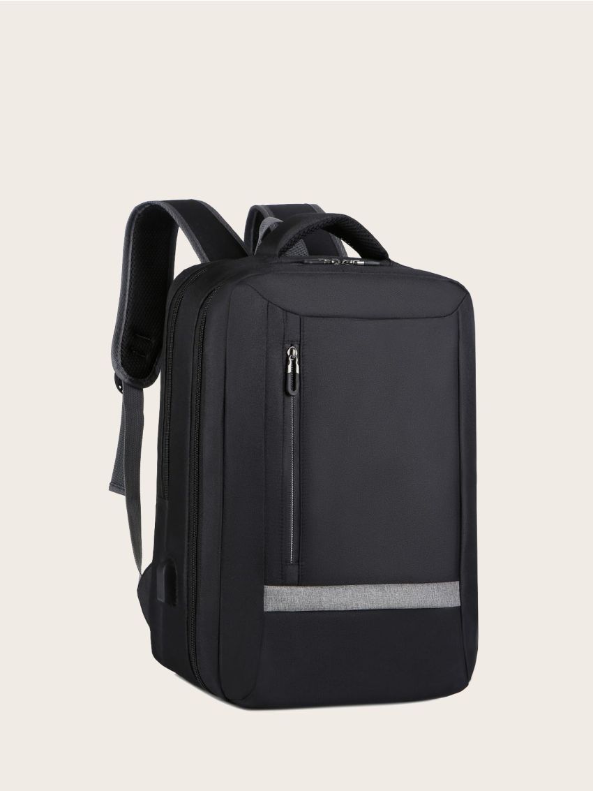 Business Casual Men Receive Nylon Solid Color Large Capacity Backpack With USB Port Camping Bag