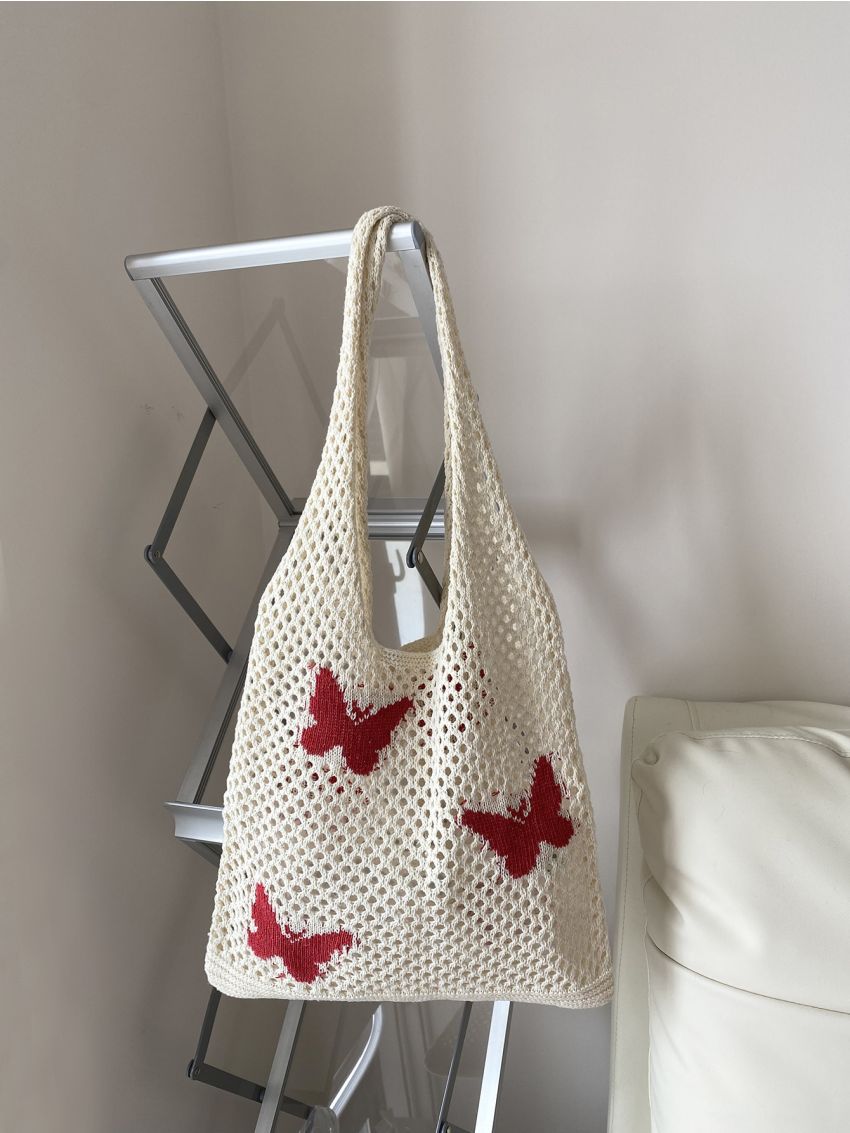 Butterfly Pattern Crochet Bag No-closure Polyester Beach Bag