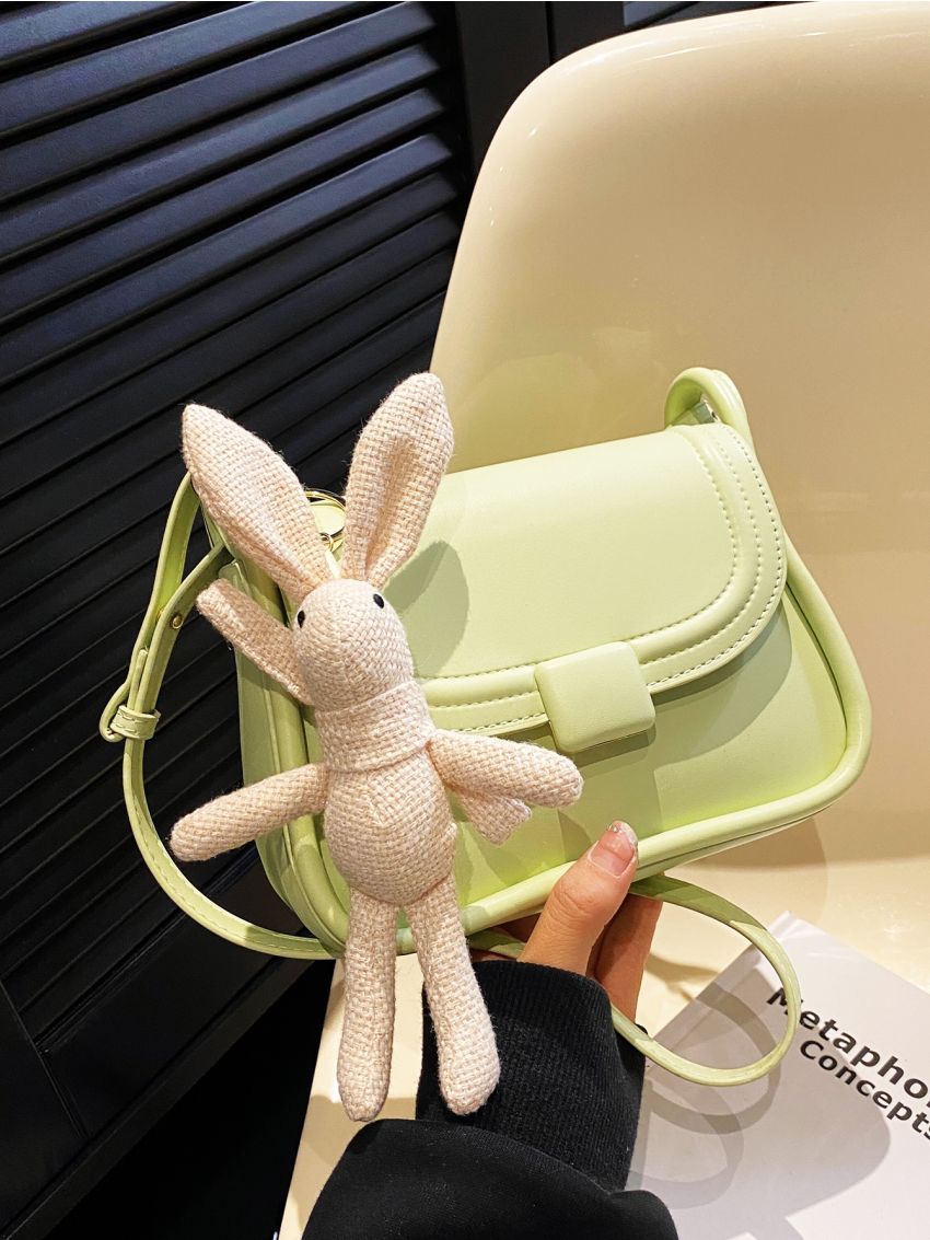 Mini Square Bag With Cartoon Rabbit Charm Green Adjustable-strap PU