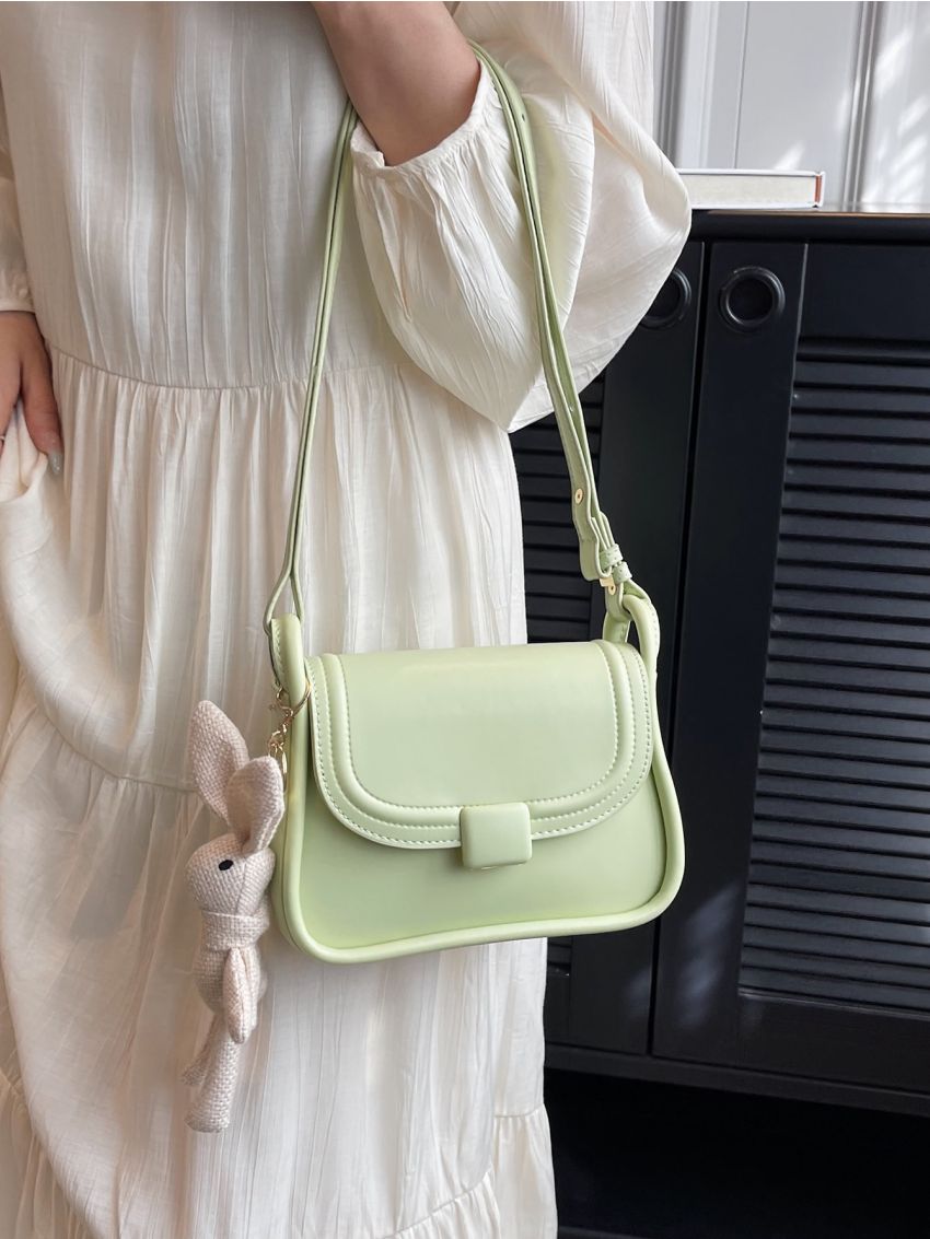 Mini Square Bag With Cartoon Rabbit Charm Green Adjustable-strap PU