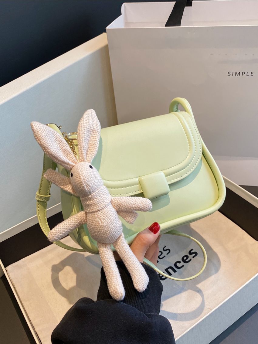Mini Square Bag With Cartoon Rabbit Charm Green Adjustable-strap PU