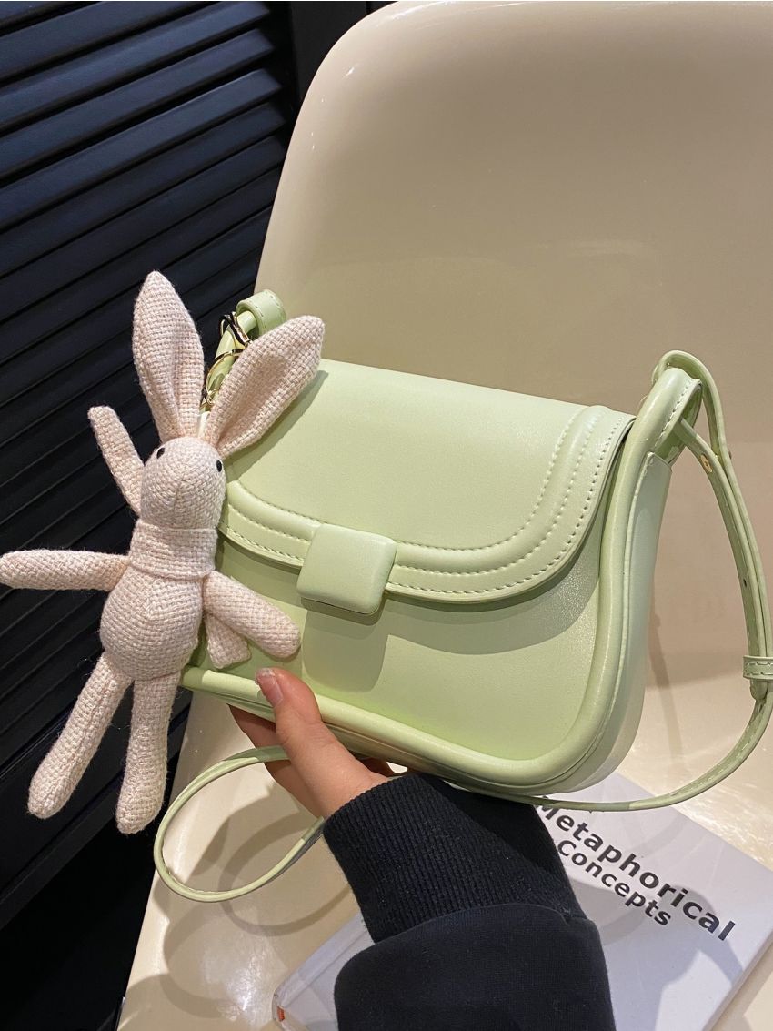 Mini Square Bag With Cartoon Rabbit Charm Green Adjustable-strap PU