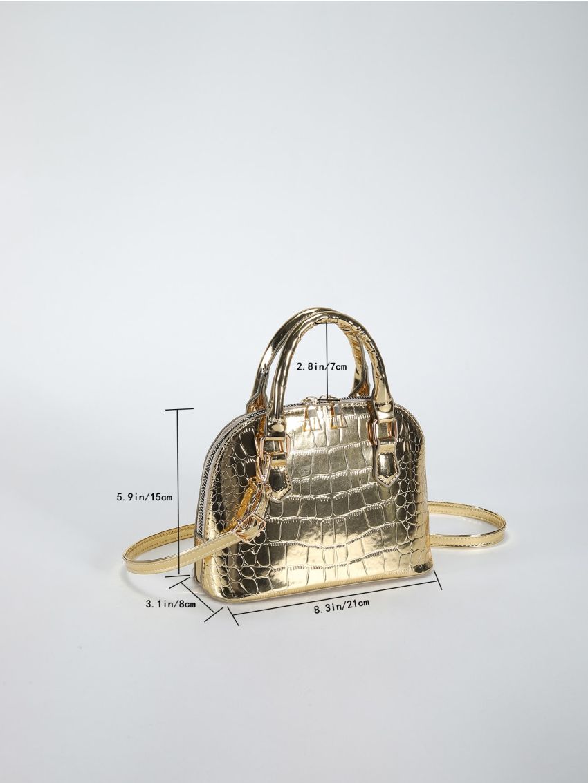 Crocodile Embossed Dome Bag Double Handle With Zipper Metallic PU Funky