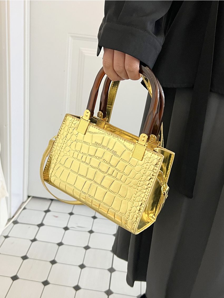 Mini Square Bag Crocodile Embossed Metallic PU Funky