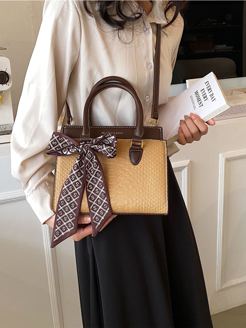 Crocodile Embossed Square Bag Twilly Scarf Decor PU