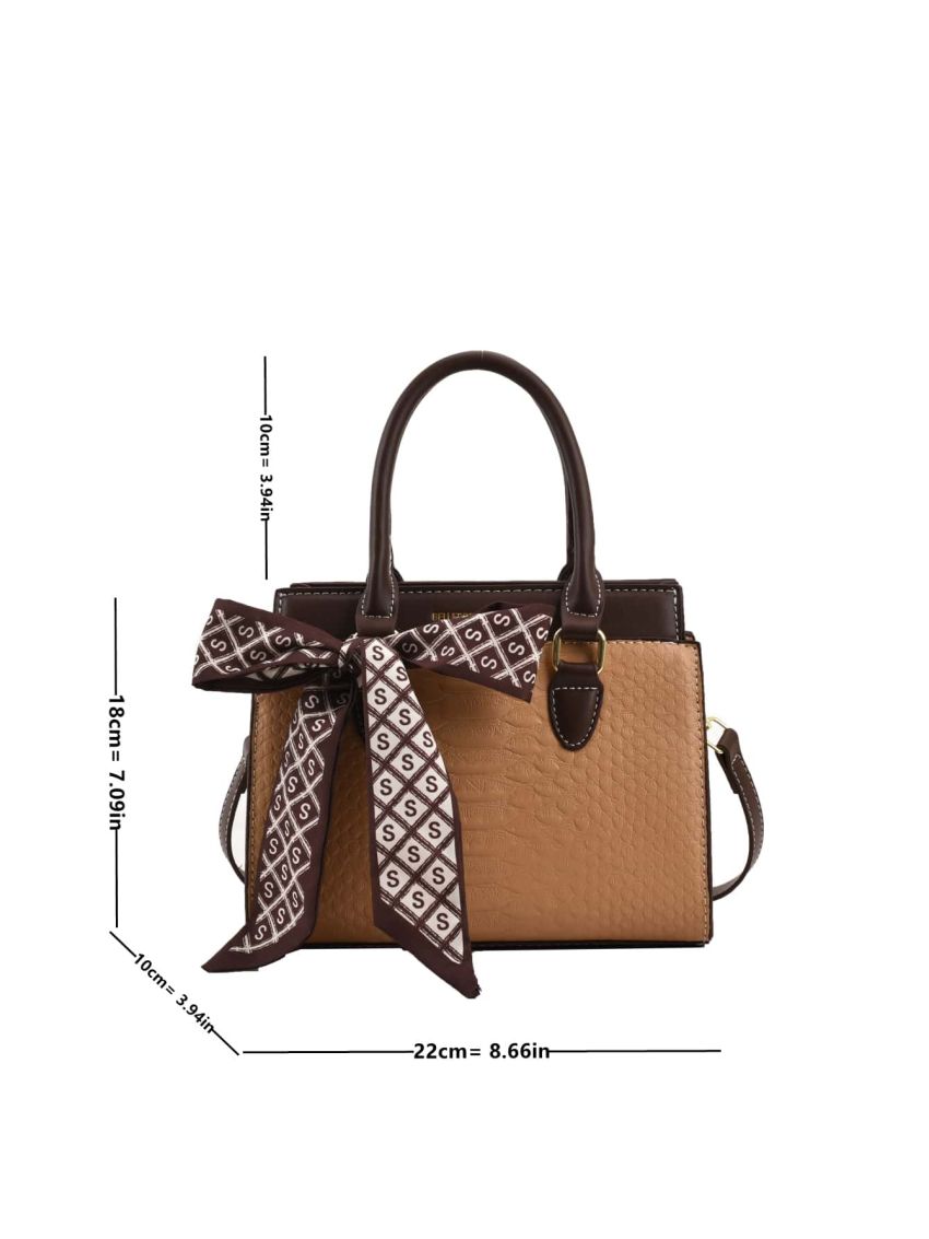 Crocodile Embossed Square Bag Twilly Scarf Decor PU