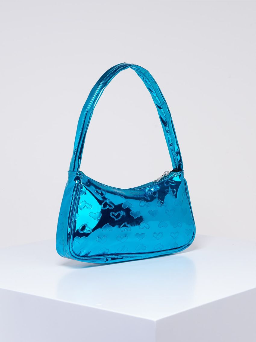 Heart Embossed Baguette Bag Metallic PU Funky