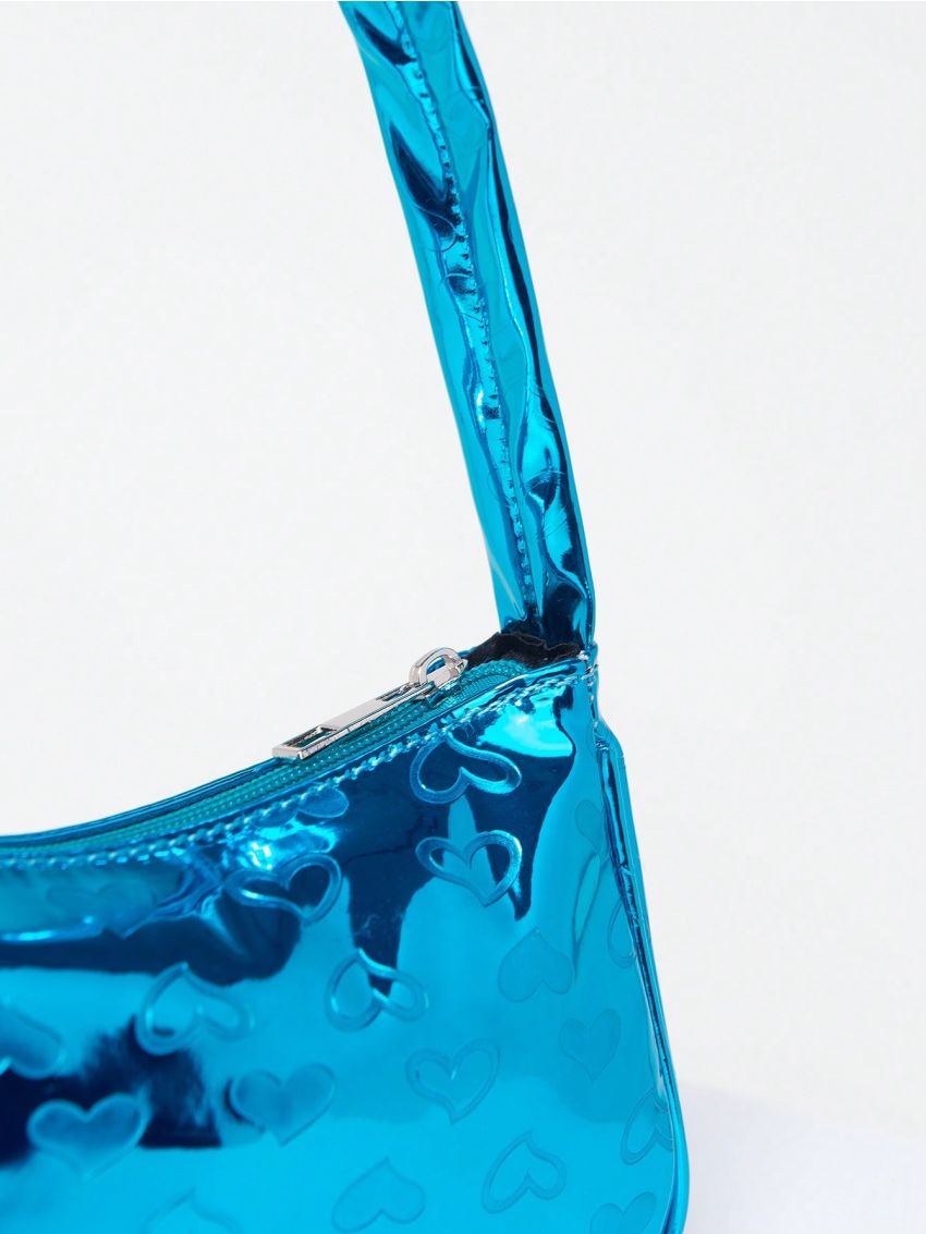 Heart Embossed Baguette Bag Metallic PU Funky