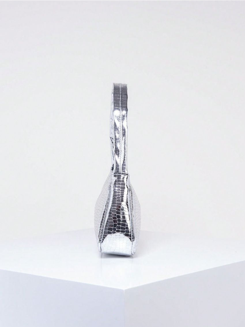 Crocodile Embossed Baguette Bag Metallic PU Funky