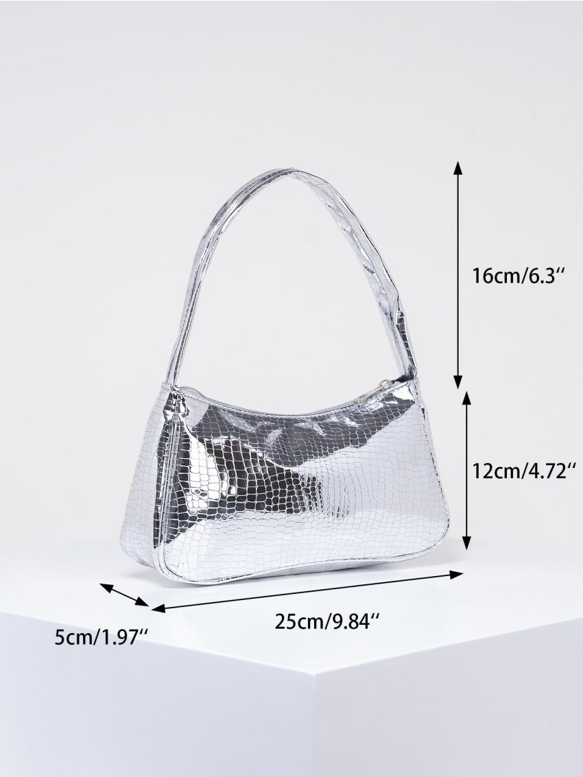 Crocodile Embossed Baguette Bag Metallic PU Funky