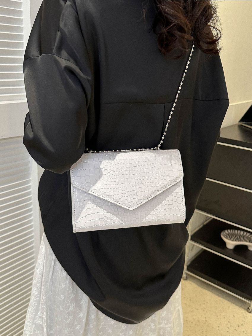 Crocodile Embossed Square Bag Chain Flap PU