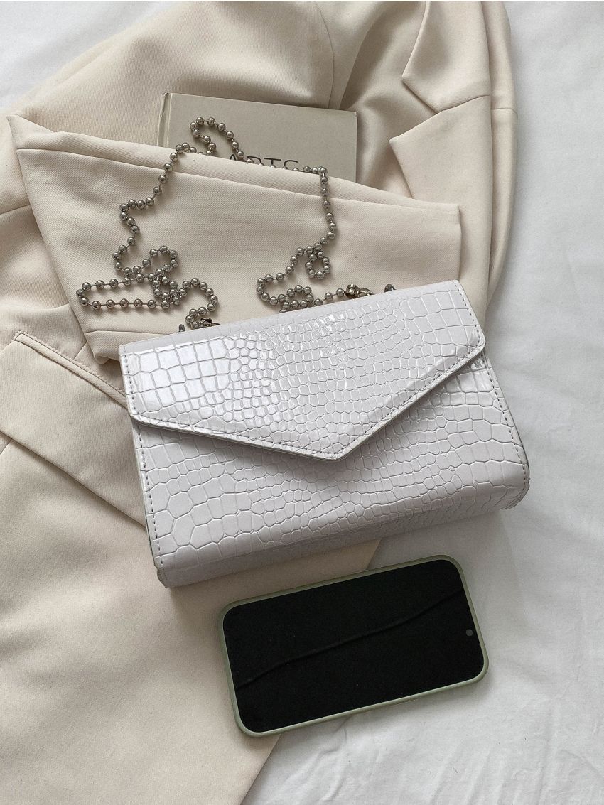 Crocodile Embossed Square Bag Chain Flap PU