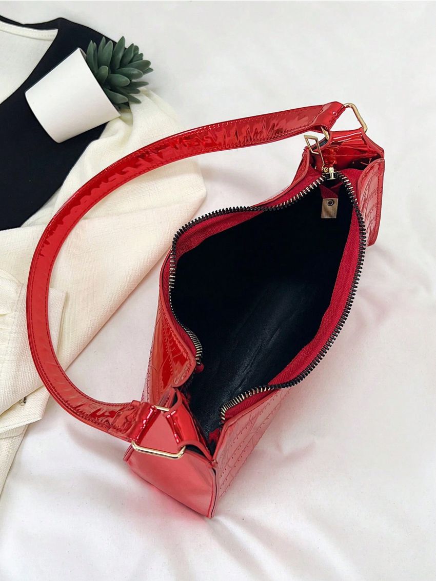 Crocodile Embossed Baguette Bag Red Fashionable Top Handle For Daily