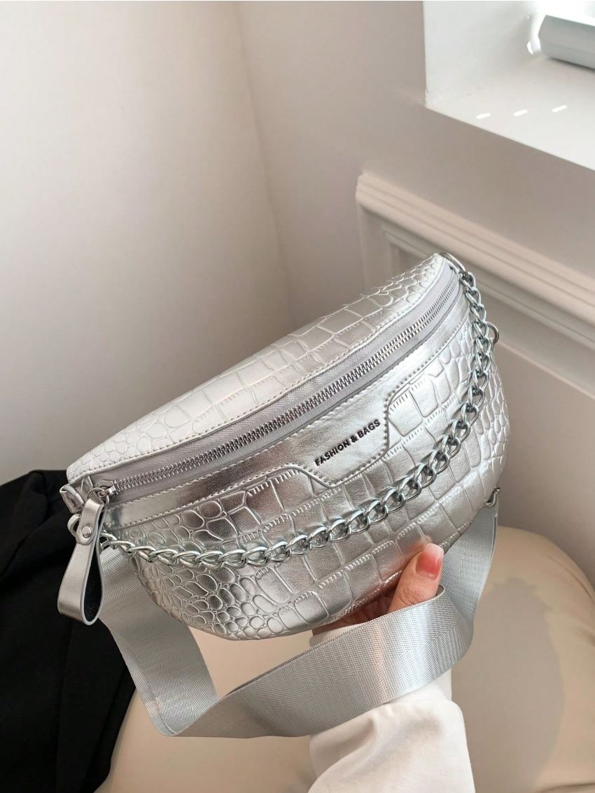 Crocodile Embossed Fanny Pack Chain Decor Metallic PU Funky
