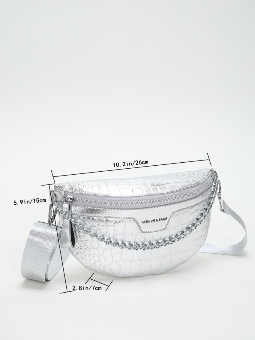Crocodile Embossed Fanny Pack Chain Decor Metallic PU Funky