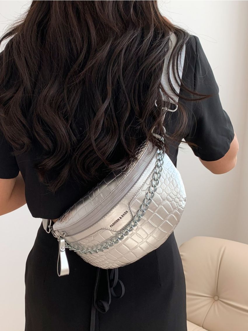 Crocodile Embossed Fanny Pack Chain Decor Metallic PU Funky