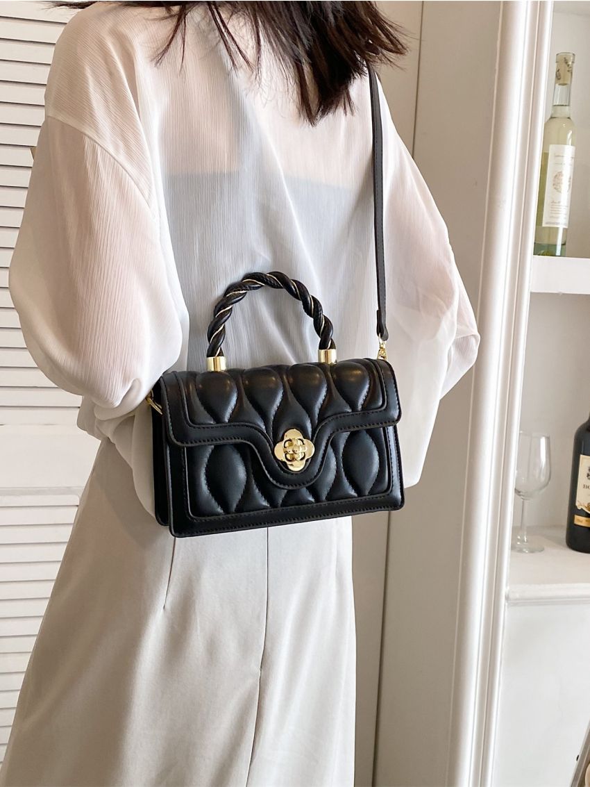 Mini Square Bag Quilted Flap PU Black