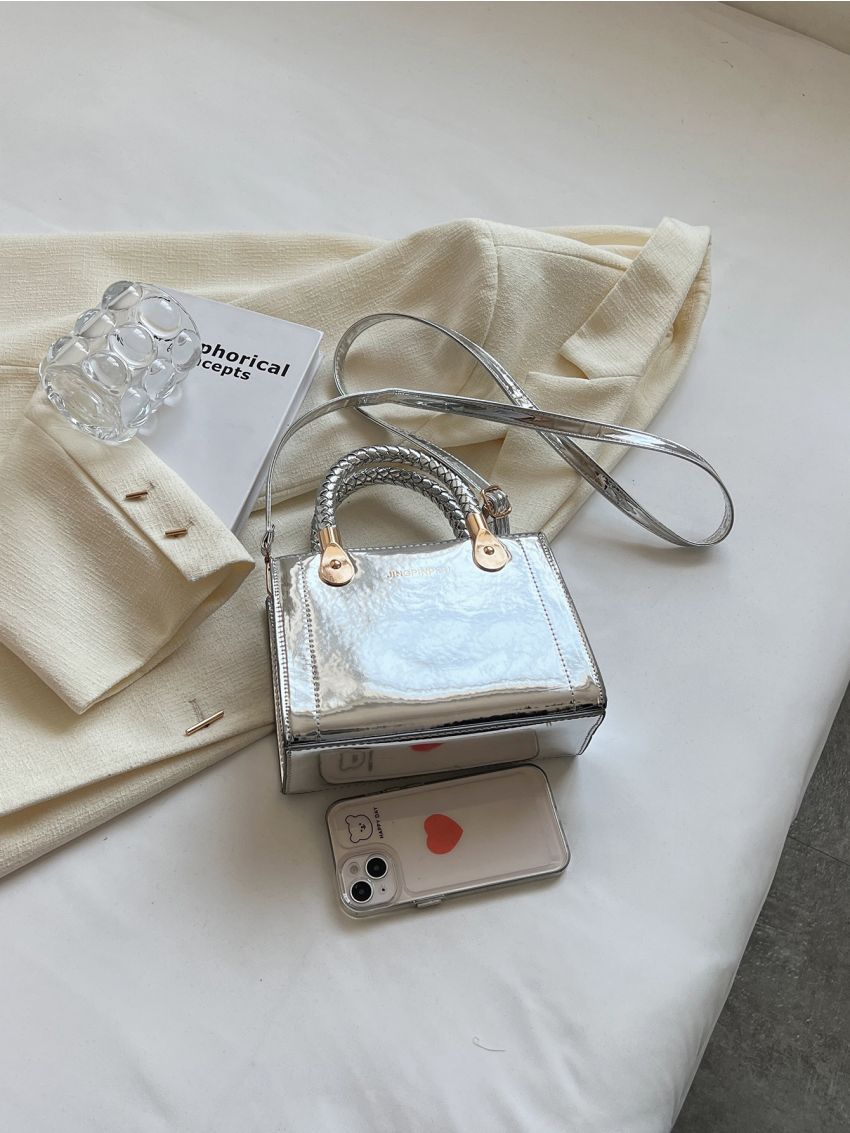 Mini Square Bag Braided Double Handle PU Metallic Funky