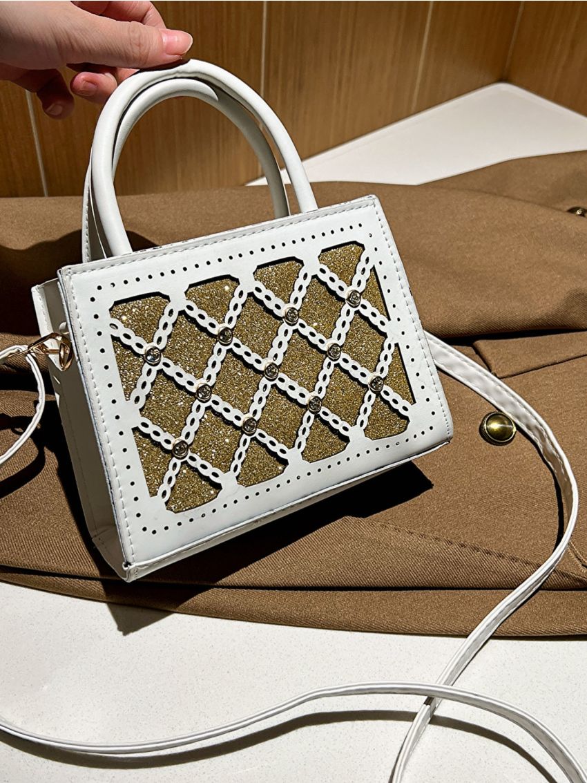 Mini Square Bag Colorblock Double Handle Rhinestone Detail