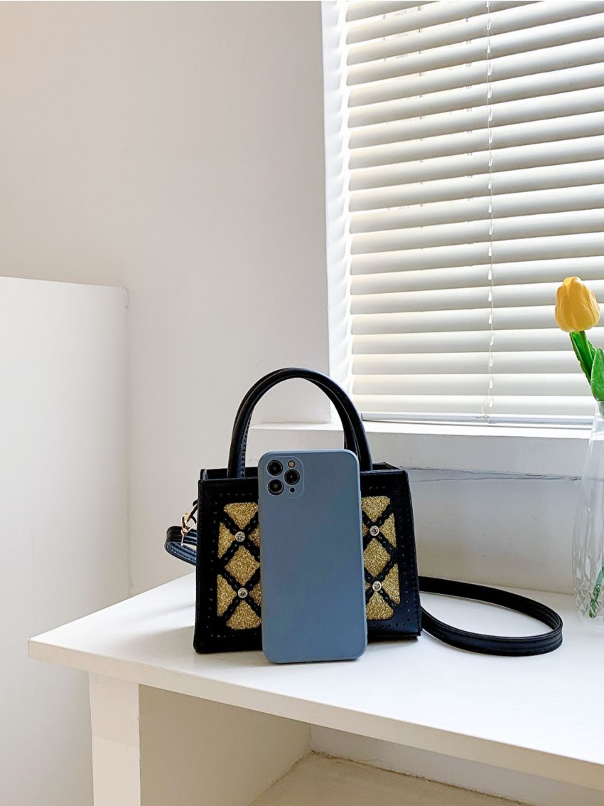 Mini Square Bag Colorblock Double Handle Rhinestone Detail