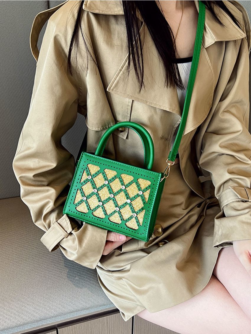 Mini Square Bag Colorblock Double Handle Rhinestone Detail