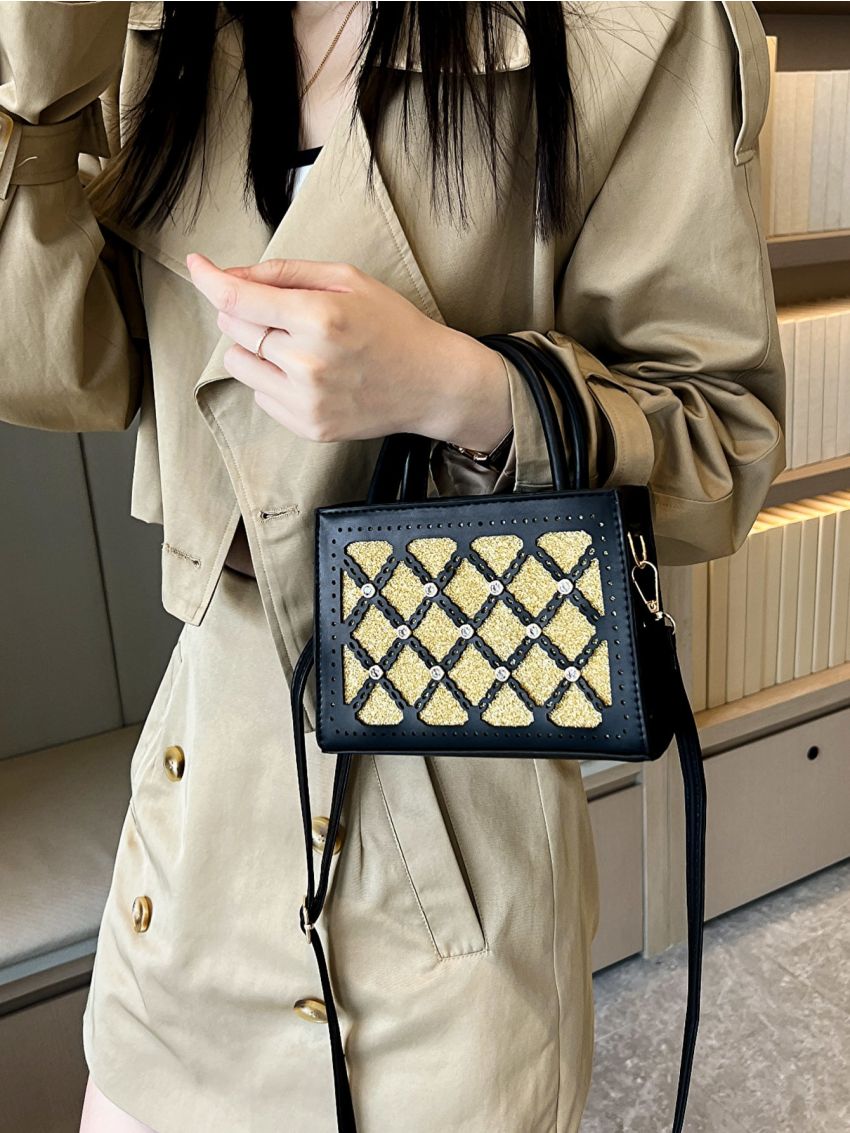 Mini Square Bag Colorblock Double Handle Rhinestone Detail