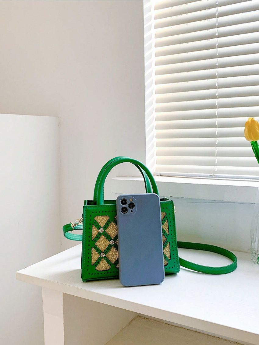 Mini Square Bag Colorblock Double Handle Rhinestone Detail