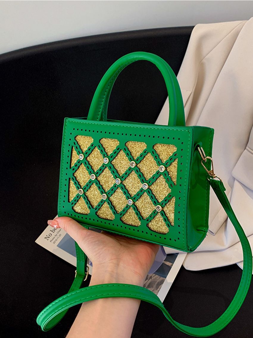 Mini Square Bag Colorblock Double Handle Rhinestone Detail