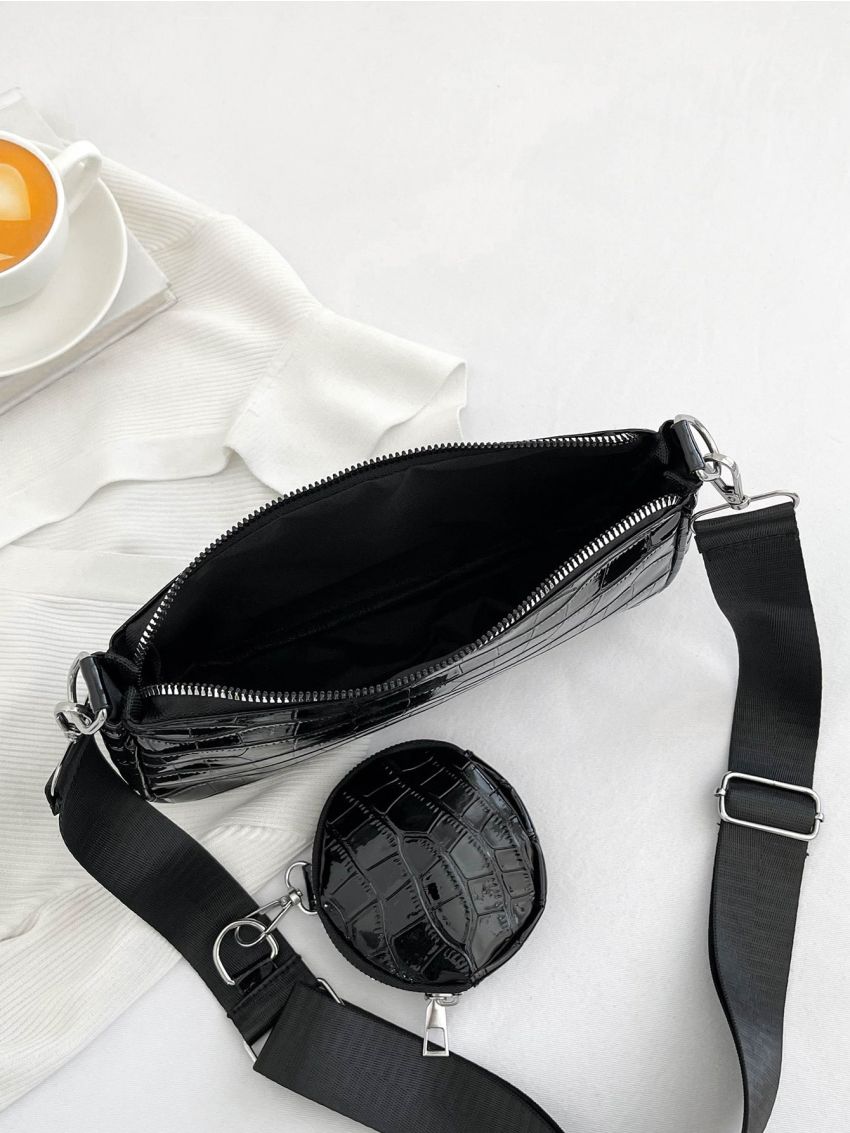 Solid Color Square Bag Crocodile Embossed With Coin Purse